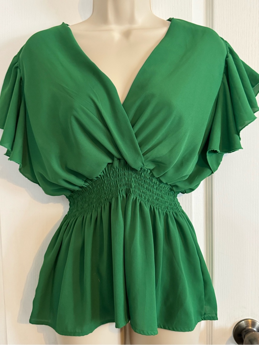 Jon & Anna Emerald Green Flutter-Sleeve Smocked-Waist Mini Dress